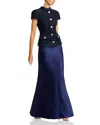 Self-portrait Layered Embellished Metallic Bouclé-tweed And Satin Maxi Dress In Navy