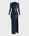 Self-portrait Metallic Gathered Maxi Dress In Blue