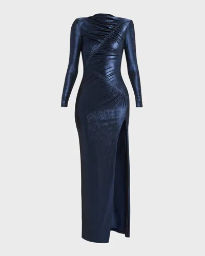 Self-portrait Metallic Gathered Maxi Dress In Blue