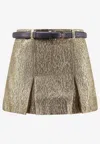Self-portrait High-waisted Gold Jacquard Skort With Removable Belt In Gold