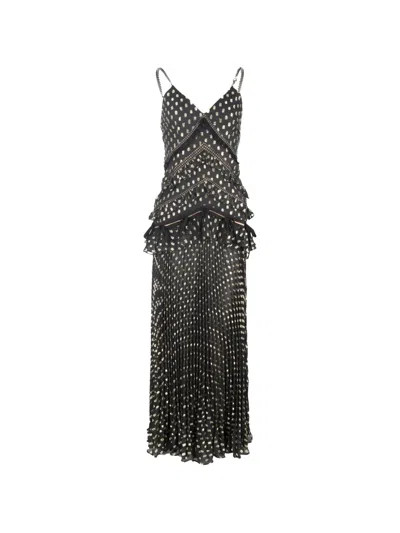 Pre-owned Self-portrait Metallic Pleated Maxi Dress In Black