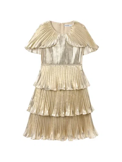 Self-portrait Kids' Metallic Pleated Tiered Dress In Gold