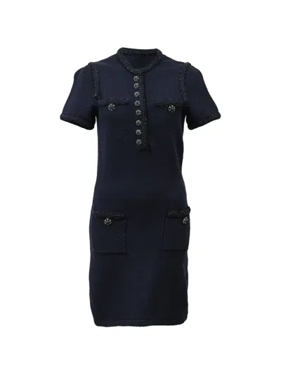 Pre-owned Self-portrait Metallic-trim Knitted Dress In Blue