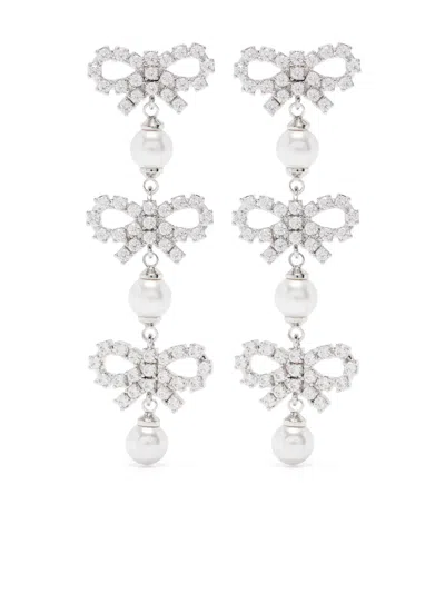 Self-portrait Micro Bow Pearl-tiered Earrings In Metallic