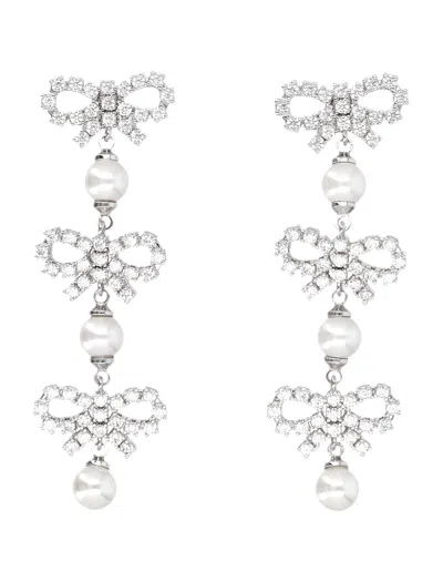 Self-portrait Micro Bow Pearl Tiered Earrings In Metallic