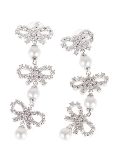 Self-portrait Micro Bow Pearl Tiered Earrings In Silver