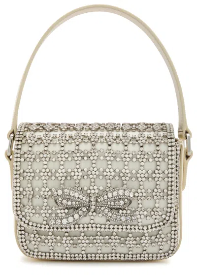Self-portrait Micro Crystal-embellished Satin And Leather Top Handle Bag In Cream