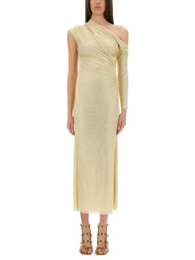 Self-portrait Midi Dress Draped With Rhinestones In Gold
