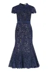 Self-portrait Guipure Blue Long Dress With Lace Design And Adjustable Waist Belt In Fabric Woman In Blue