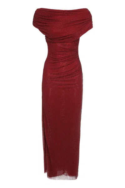 Self-portrait Midi Dress With Draping And Rhinestones In Red