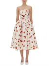Self-portrait Strapless Belted Ruched Floral-print Taffeta Midi Dress In White