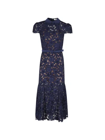 Self-portrait Guipure Blue Long Dress With Lace Design And Adjustable Waist Belt In Fabric Woman