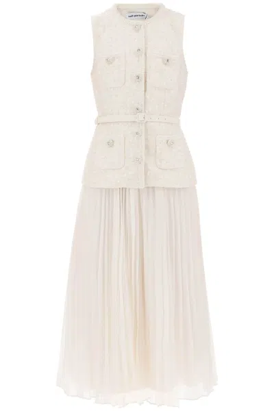 Self-portrait Midi Peplum Dress With Pleated Skirt In Cream (white)