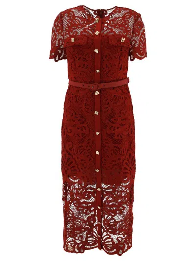 SELF-PORTRAIT MIDI RED DRESS WITH JEWEL BUTTONS