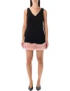 Self-portrait Back Crepe Mini Dress With Pink Faux Fur Hem In Black