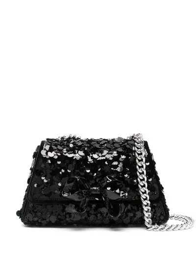 Self-portrait Mini Bow Sequin-embellished Bag In Black