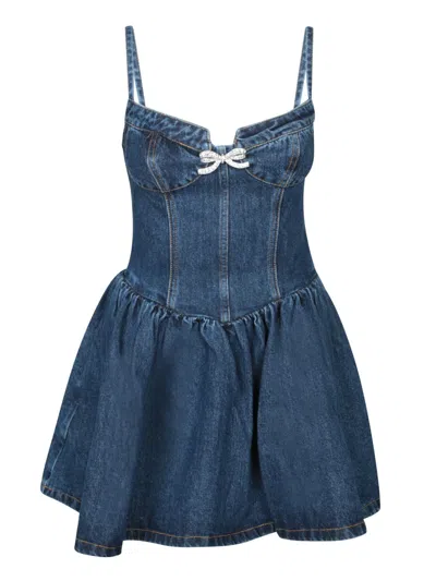 SELF-PORTRAIT SELF-PORTRAIT MINI DENIM DRESS WITH DIAMOND BOW DETAIL