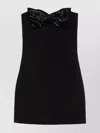 Self-portrait Black Sleeveless Mini Dress With Bandeau And Beaded Oversize Bow In Tech Fabric Woman