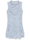 Self-portrait Bue Crewneck Mini Dress With Rhinestoned Collar And All-over Floral Lace Embroidery In Tech Fabric W In Blue