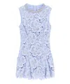 Self-portrait Bue Crewneck Mini Dress With Rhinestoned Collar And All-over Floral Lace Embroidery In Tech Fabric W In Blue