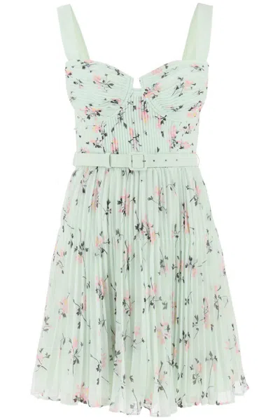 Self-portrait Mini Dress In Pleated Chiffon With Floral Motif In Verde