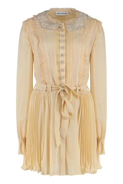 Self-portrait Mini Dress In Pleated Georgette In Neutral