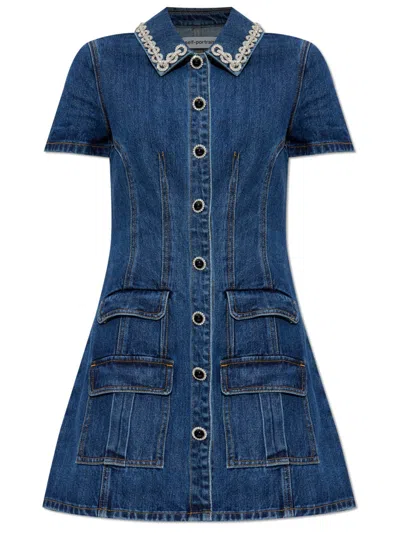 Self-portrait Crystal-trimmed Pocketed Dress In Blue