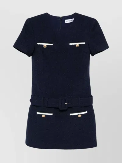 Self-portrait Mini Dress With Belted Waist And Pockets In Blue