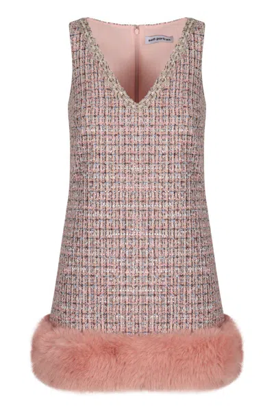 Self-portrait Mini Dress With Boucle Fur Trim In Gray