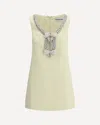 Self-portrait Yellow Crewneck Mini Dress With Jewel Embellishment On The Collar And Bow Detail On The Front In Nude