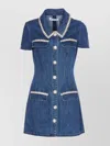 Self-portrait Blue Mini Dress With Rhinestoned Collar And Jewel Buttons With Crystals In Denim Woman