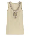 Self-portrait Yellow Crewneck Mini Dress With Jewel Embellishment On The Collar And Bow Detail On The Front In Tec In Nude