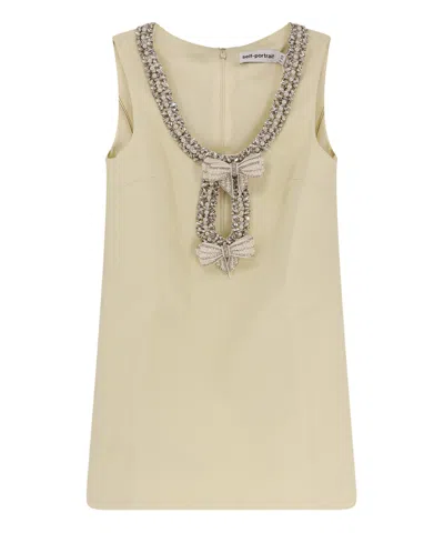 Self-portrait Yellow Crewneck Mini Dress With Jewel Embellishment On The Collar And Bow Detail On The Front In Nude