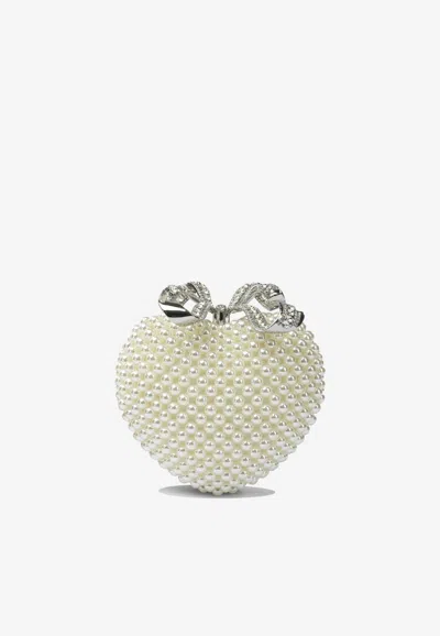 Self-portrait Mini Heart-shaped Pearl Clutch In White