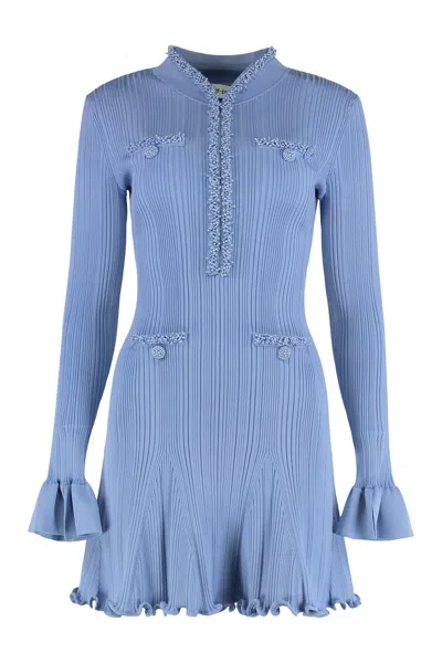 Self-portrait Mini Knitted Dress With Pearl Finishes In Blue