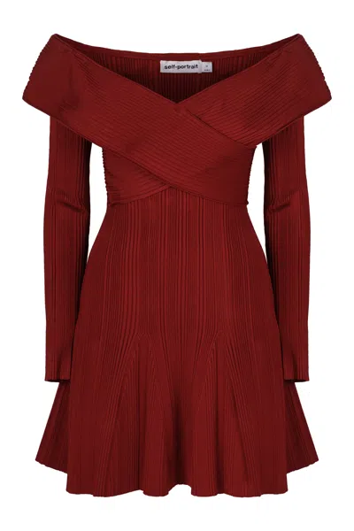 Self-portrait Mini Knitted Viscose Dress In Red