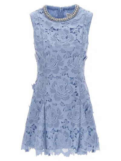 SELF-PORTRAIT BUE CREWNECK MINI DRESS WITH RHINESTONED COLLAR AND ALL-OVER FLORAL LACE EMBROIDERY