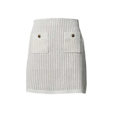 SELF-PORTRAIT MINI SKIRT IN SEMI-SHEER WHITE KNIT WITH VERTICAL OPENWORK STRIPES