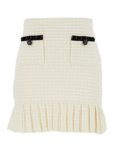 SELF-PORTRAIT MINI WHITE SKIRT WITH PLEATED HEM IN TWEED WOMAN