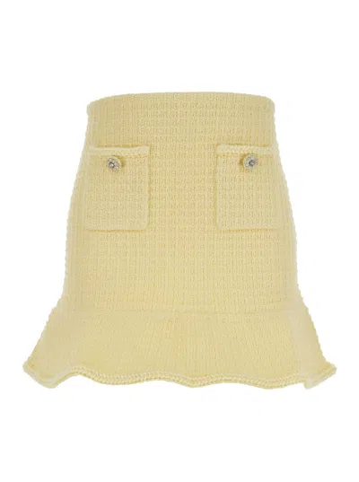 Self-portrait Mini Yellow Skirt With Flounce And Jewel Buttons In Tweed Woman