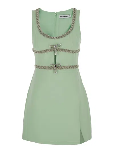 Self-portrait Mini Mint Green Dress With Bows And Crystals In Fabric Woman