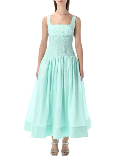 Self-portrait Mint Ramie Midi Dress With Wide Skirt In Blue