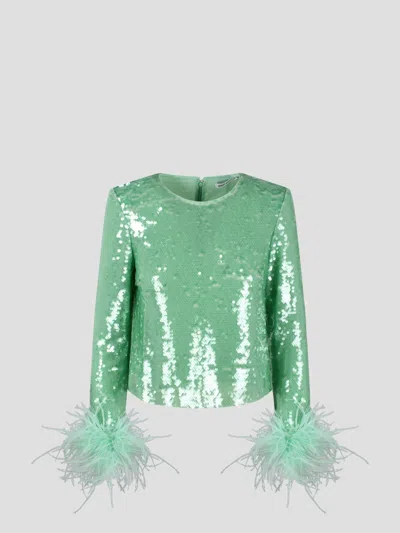 Self-portrait Feather-trim Sequin Blouse In Green