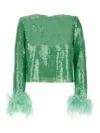 Self-portrait Feather-trim Sequinned Top In Green