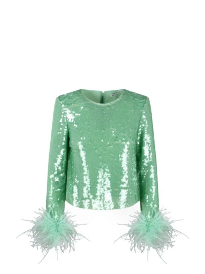 Self-portrait Feather-trim Sequin Blouse In Green