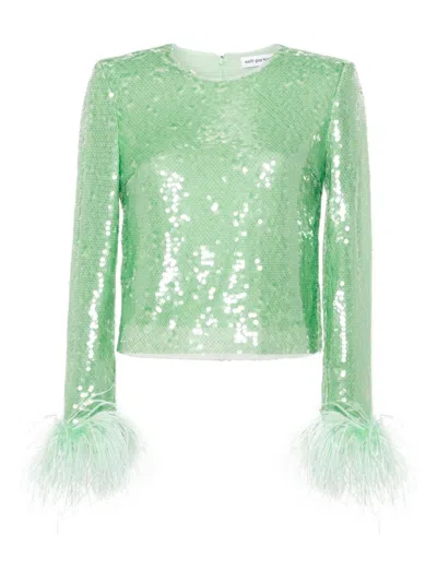 Self-portrait Mint Shimmer Feather Cuff Top For Women