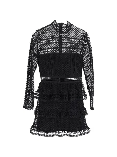 Pre-owned Self-portrait Mock-neck Lace Ruffled Dress In Black