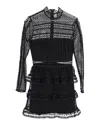 Self-portrait Mock-neck Lace Ruffled Mini Dress In Black Rayon In Black