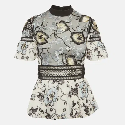 Pre-owned Self-portrait Multicolor Crepe Floral Embroidered Ruffle Top S