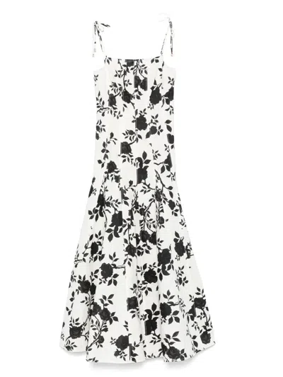Self-portrait Natural Linen Strap Dress With Flowers In White